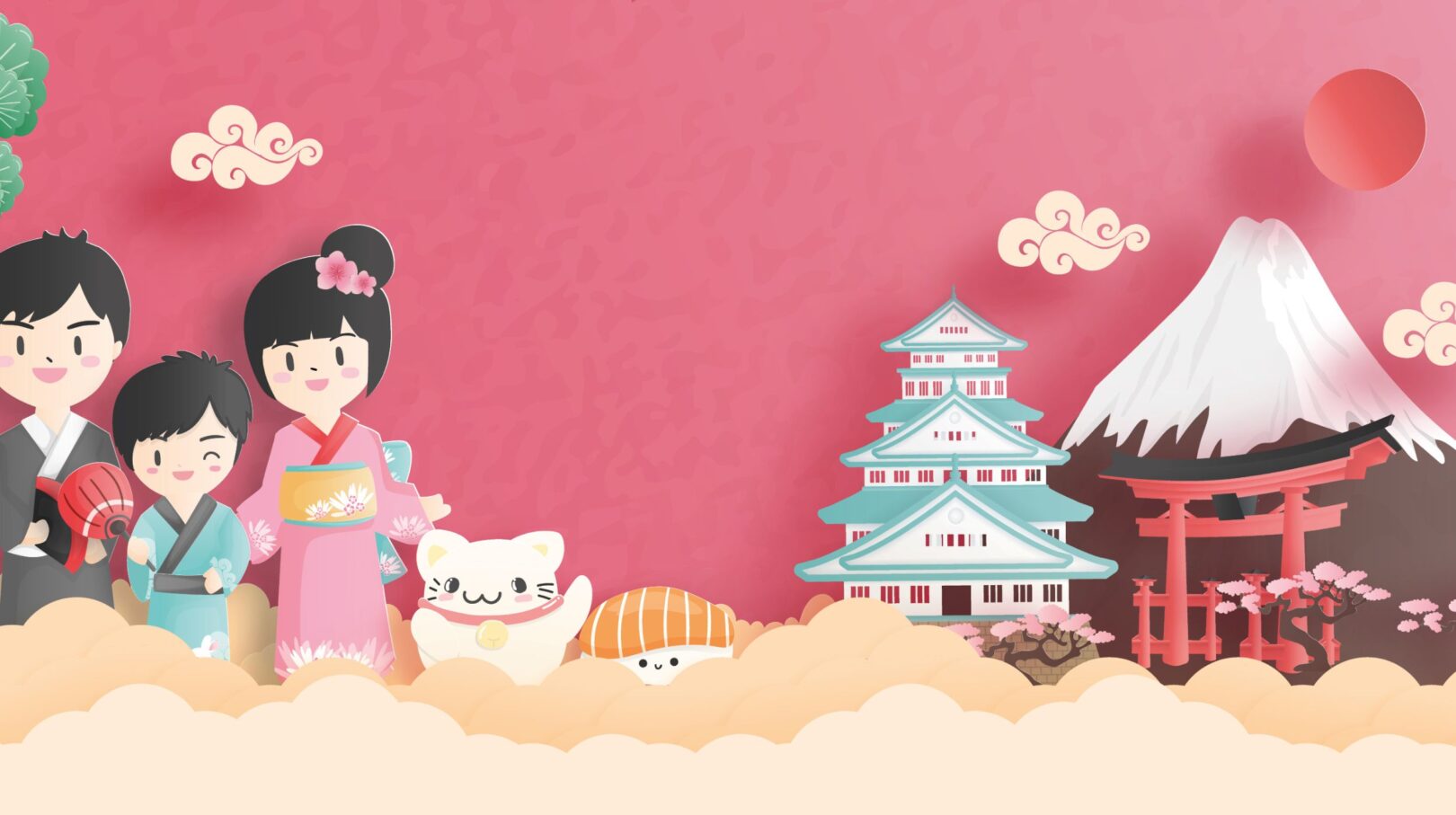Illustration colorée et ludique d’un voyage en famille au Japon, avec des personnages en kimono, un maneki-neko, un sushi kawaii, un château japonais, un torii et le mont Fuji en arrière-plan.