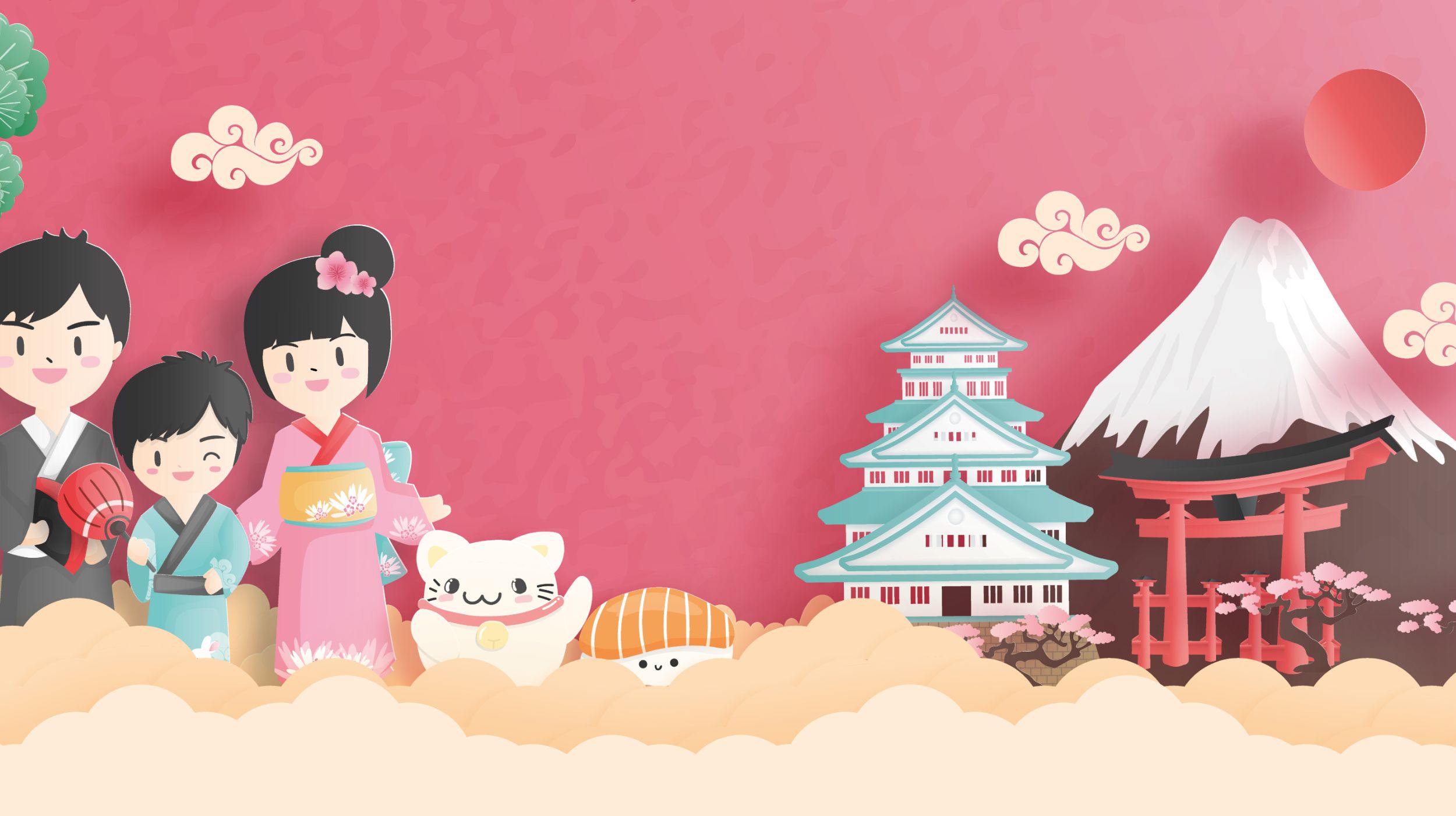 Illustration colorée et ludique d’un voyage en famille au Japon, avec des personnages en kimono, un maneki-neko, un sushi kawaii, un château japonais, un torii et le mont Fuji en arrière-plan.