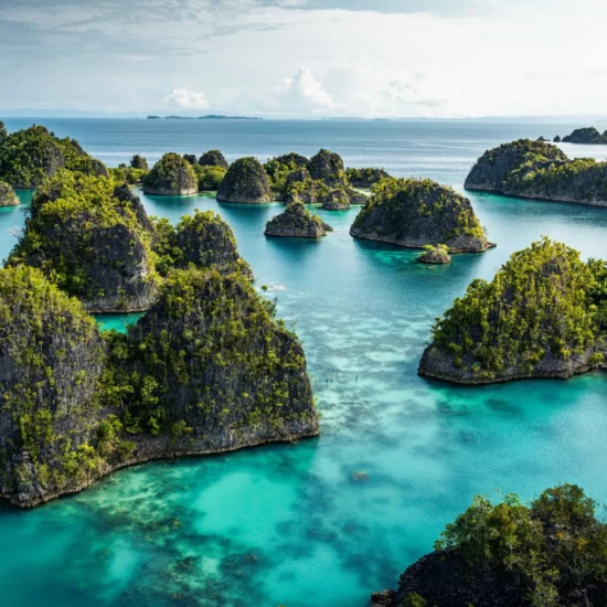 Paysage tropical avec des îlots verdoyants entourés d'eaux turquoise et d'un ciel dégagé.
