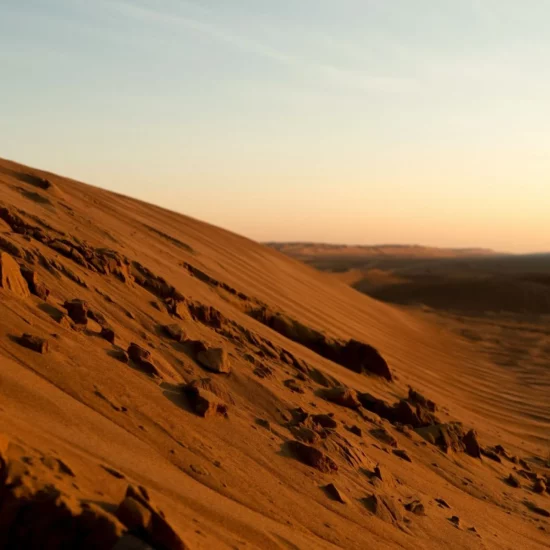 Coucher de soleil sur les dunes rouges de Wahiba Sands, désert emblématique d’Oman, dans le cadre du circuit Oman Émotions.