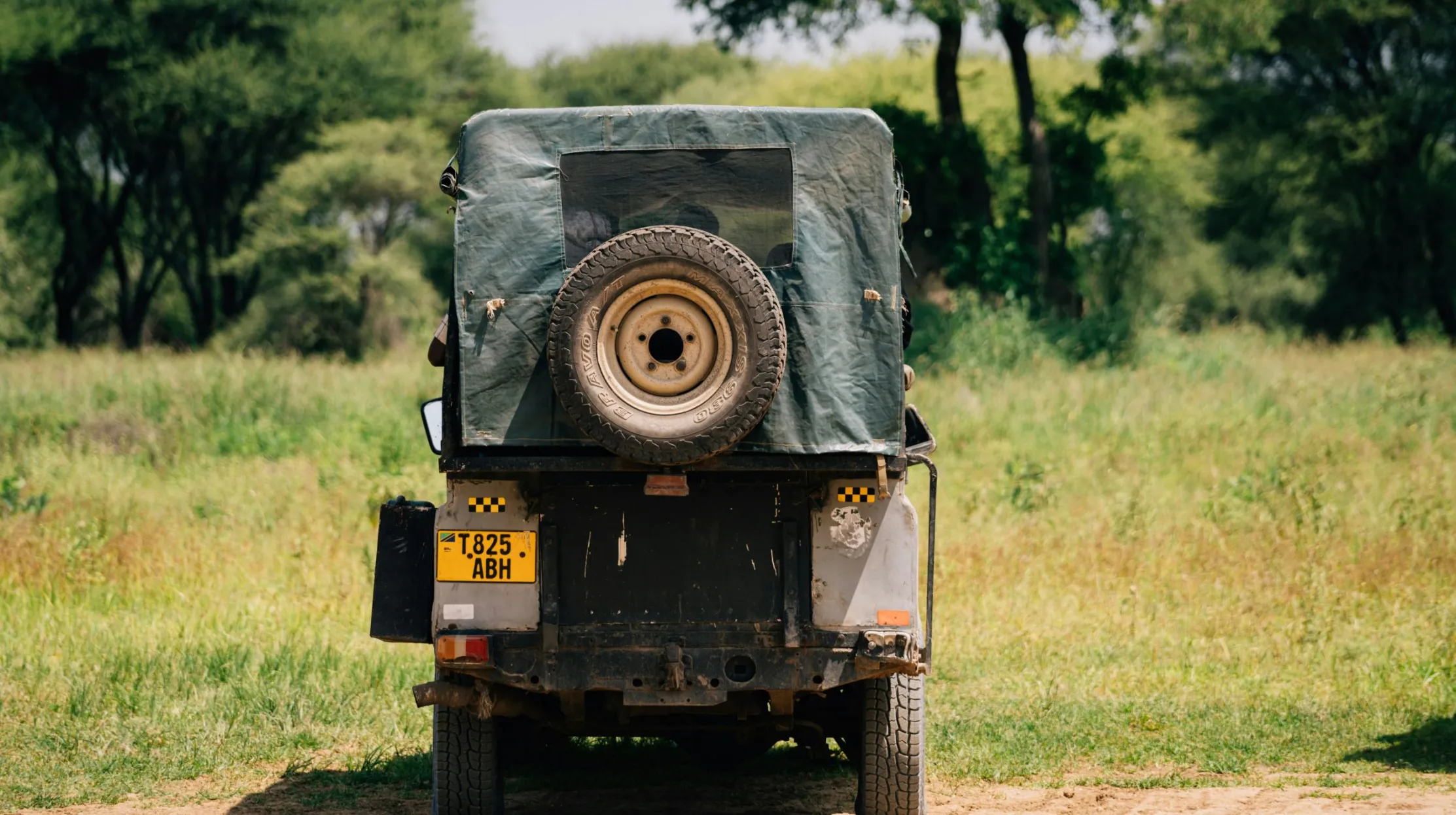 Véhicule tout-terrain dans une savane luxuriante, prêt pour une aventure inoubliable.