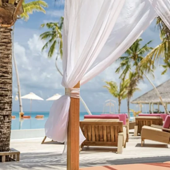Un espace de détente en bord de mer, entouré de palmiers et de chaises confortables.