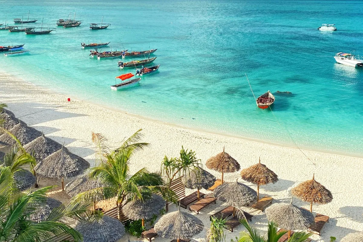 Plage de Zanzibar — un cadre idyllique où le sable fin rencontre les eaux turquoise, invitant à l'évasion et à l'aventure.