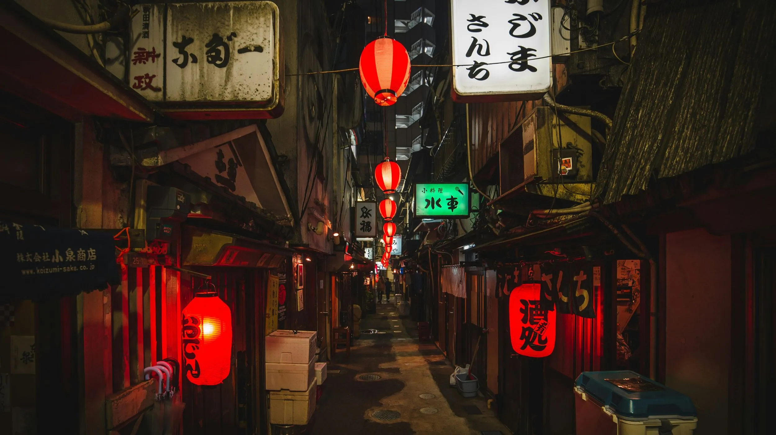 Rue animée et lumineuse, Japon — ambiance nocturne avec lanternes rouges et enseignes colorées.